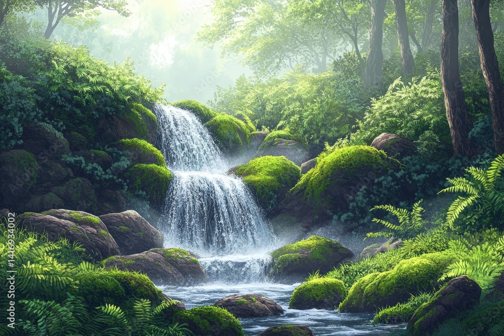 Lush waterfall cascading over mossy rocks in a tranquil forest. Lush waterfall cascading over mossy rocks in a tranquil forest.
