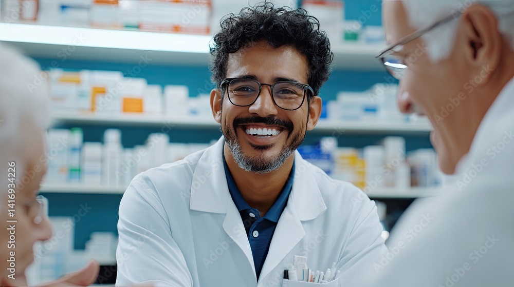 Fototapeta premium Hispanic pharmacist smiling while explaining drug instructions to an elderly customer 