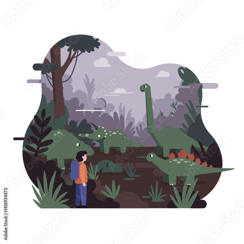 Young person observing various large green dinosaurs in a dense prehistoric forest with tall trees and misty atmosphere during daytime