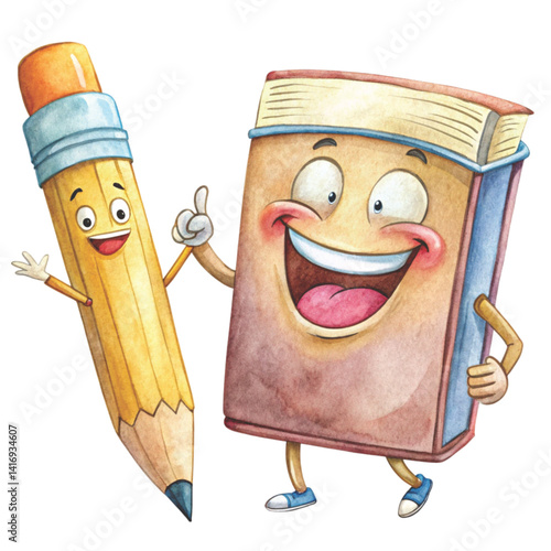 Pencil and eraser make a happy gesture. Comedy cartoons Minimal Vector Clipart Watercolor