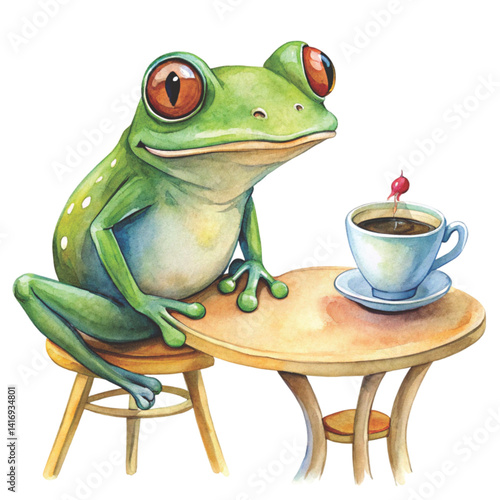 Frog sitting and drinking coffee Comedy cartoons Minimal Vector Clipart Watercolor