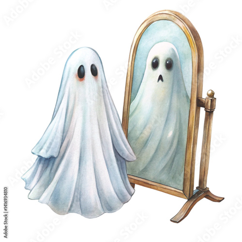 Ghost sees his own reflection in the mirror Comedy cartoons Minimal Vector Clipart Watercolor