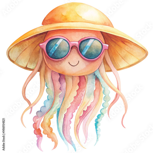 Jellyfish wearing a hat and sunglasses Comedy cartoons Minimal Vector Clipart Watercolor
