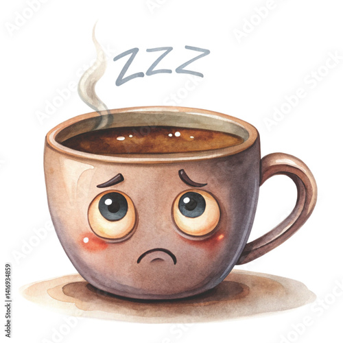 Coffee cup with a sleepy face Comedy cartoons Minimal Vector Clipart Watercolor