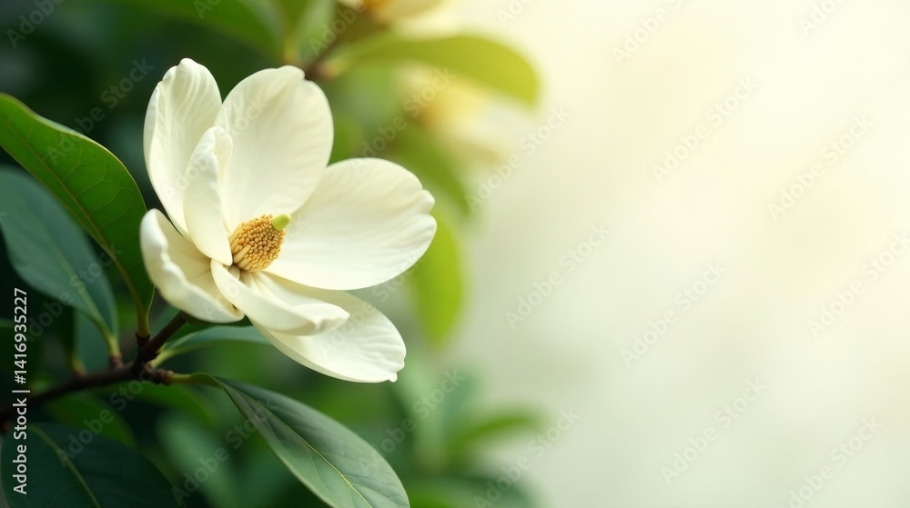 A Delicate White Magnolia Blossom in Soft Sunlight, Gracefully Displayed Amongst Lush Green Foliage, Evoking a Sense of Tranquility and Natural Beauty A Delicate White Magnolia Blossom in Soft Sunlight, Gracefully Displayed Amongst Lush Green Foliage, Evoking a Sense of Tranquility and Natural Beauty