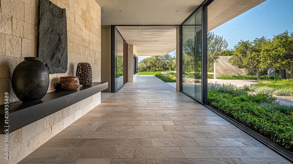 Obraz premium Modern hallway with sleek, natural textures and open outdoor views