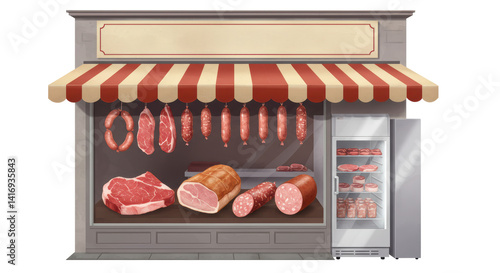 Isolated Butcher Shop Front with Meats and Display Fridge