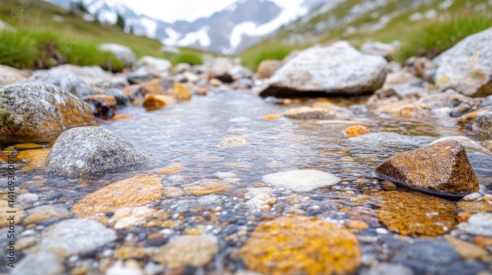 Crystal-clear mountain stream. Rocky shallows. Close-up Crystal-clear mountain stream. Rocky shallows. Close-up