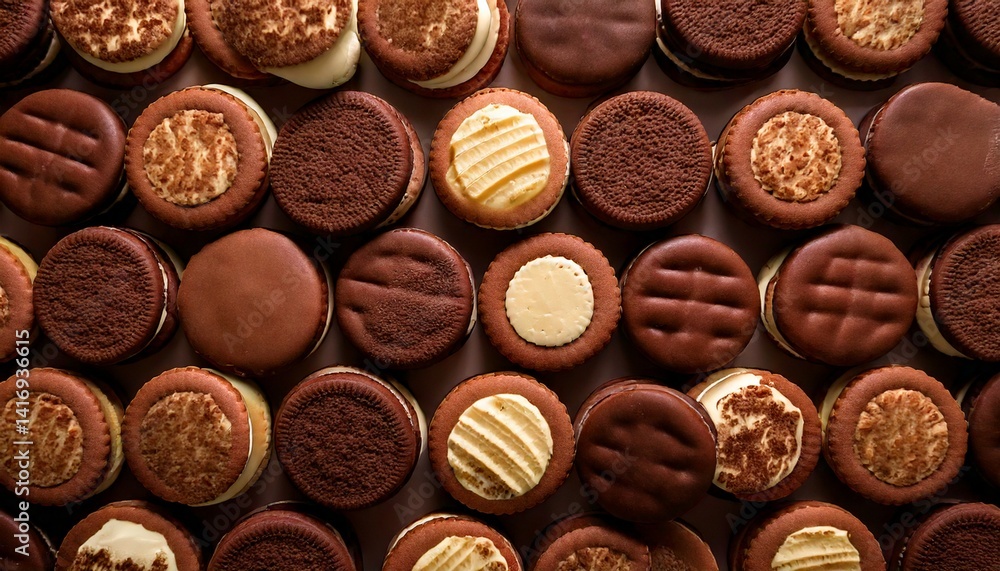 Complete object background in the form of mini ice cream sandwiches arranged in a pattern, chocolate and vanilla flavors, shot from above Complete object background in the form of mini ice cream sandwiches arranged in a pattern, chocolate and vanilla flavors, shot from above