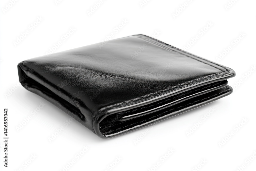 A closed black leather wallet with a stitched edge A closed black leather wallet with a stitched edge