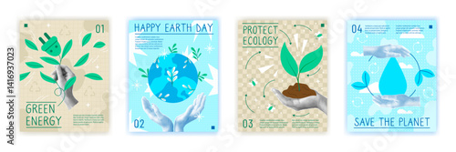Earth day collage. ECO background. Environment poster. Icon environmental. Halftone hand vintage style banner collection. Abstract people in vintage retro dot cartoon elements. Vector garish art