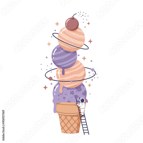 Small astronaut climbing ladder to reach giant ice cream cone with multiple scoops and planets orbiting, whimsical and imaginative dessert fantasy scene