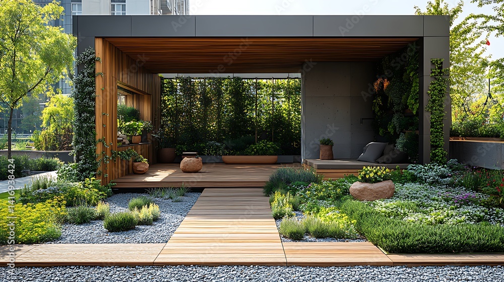 Obraz premium Contemporary home surrounded by green foliage and plants high resolution image