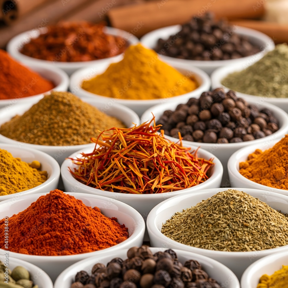 Assorted Spices in White Bowls, Culinary Herbs, Spice Rack, Gourmet Cooking Ingredients. Assorted Spices in White Bowls, Culinary Herbs, Spice Rack, Gourmet Cooking Ingredients.