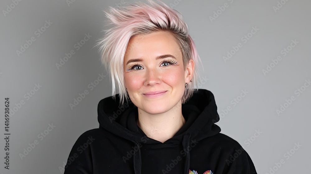 Smiling individual with stylish pink hair and vibrant makeup Smiling individual with stylish pink hair and vibrant makeup
