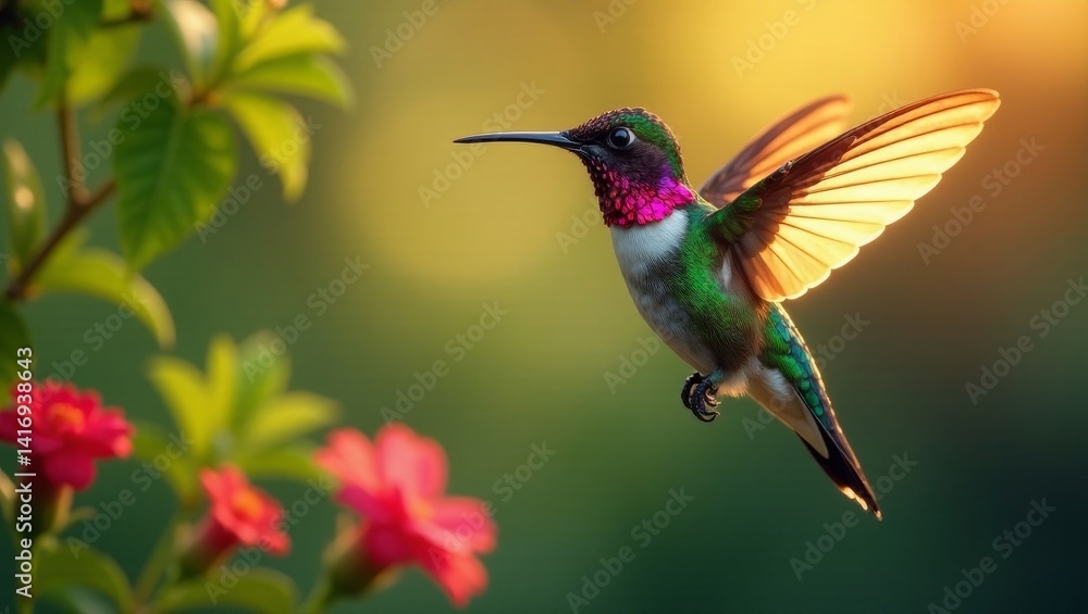 A Vibrant Hummingbird in Flight, Bathed in Golden Sunlight, Near Delicate Blossoms A Vibrant Hummingbird in Flight, Bathed in Golden Sunlight, Near Delicate Blossoms