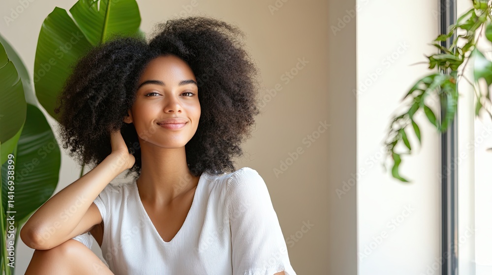 Woman sitting by a window, enjoying the natural sunlight on her freshly treated hair Woman sitting by a window, enjoying the natural sunlight on her freshly treated hair