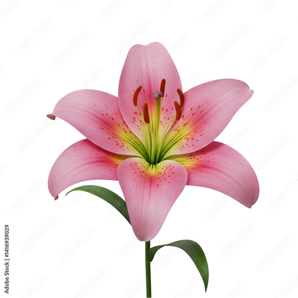 Naklejka premium Elegant Pink Lily Blossom Detailed Depiction on Pristine White Background