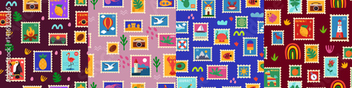 Summer beach seamless patterns. Travel sticker. Journey tour. Postmarks design. Retro vintage texture for vacation adventure. Tropical doodle with leaves. Palm tree. Vector scrapbook backgrounds set