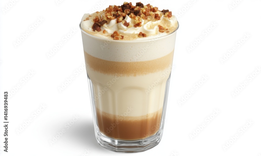 Layered coffee drink with whipped cream and nuts, studio shot, beverage, dessert Layered coffee drink with whipped cream and nuts, studio shot, beverage, dessert