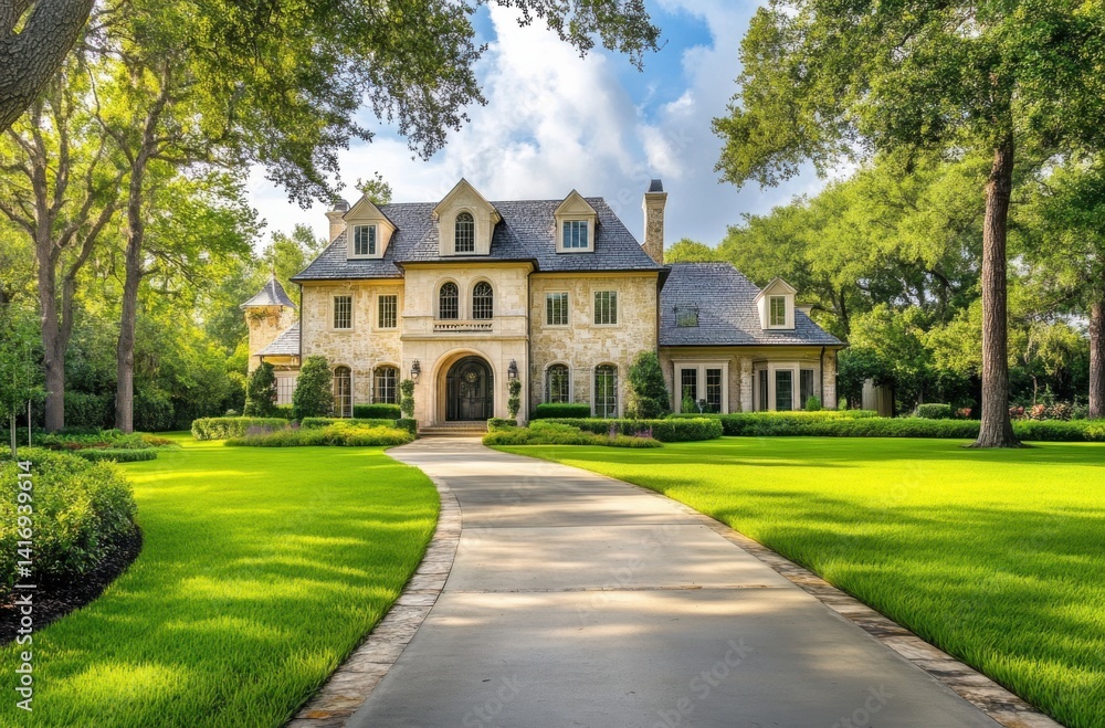 Obraz premium An elegant countryside mansion with a long driveway,