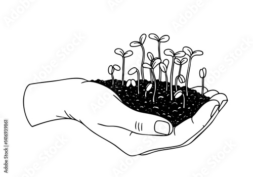A hand gently holds sprouting plants in soil, symbolizing growth, sustainability, and care for the environment. Perfect for eco-friendly themes.
