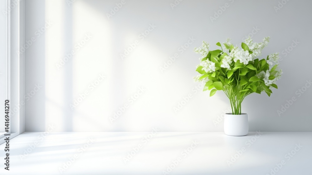 Fototapeta premium Simple, bright, modern interior. White flower pot with white blossoms, greenery. Sunlight streams through a window