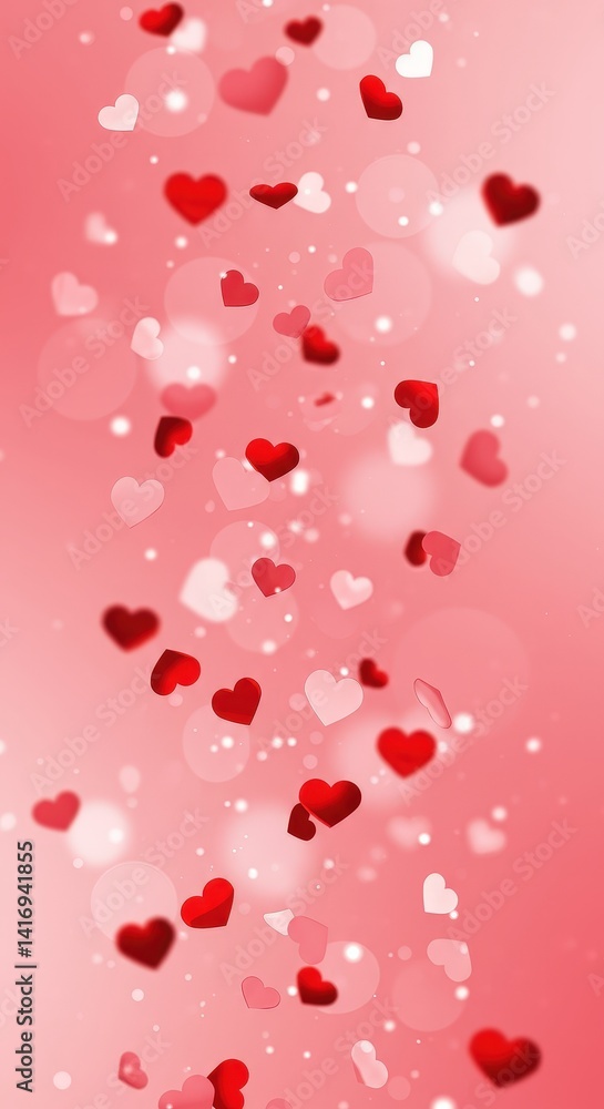 Soft and playful heart confetti falling on blush pink background Soft and playful heart confetti falling on blush pink background