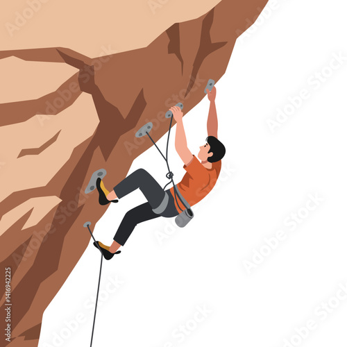 Man wearing orange shirt and black pants climbing steep brown rock face using safety harness and ropes in outdoor adventure activity