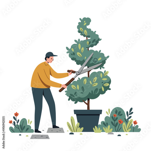 Man in casual clothing trimming a large potted topiary tree outdoors with garden shears, surrounded by small plants and bushes in a calm setting