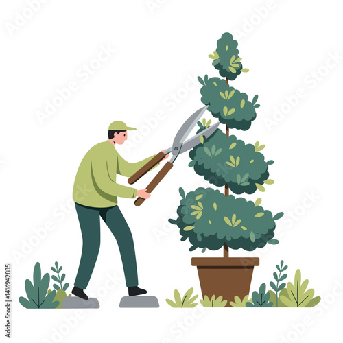 Man wearing green shirt and cap trimming a large potted topiary with hedge shears outdoors surrounded by small plants and grass