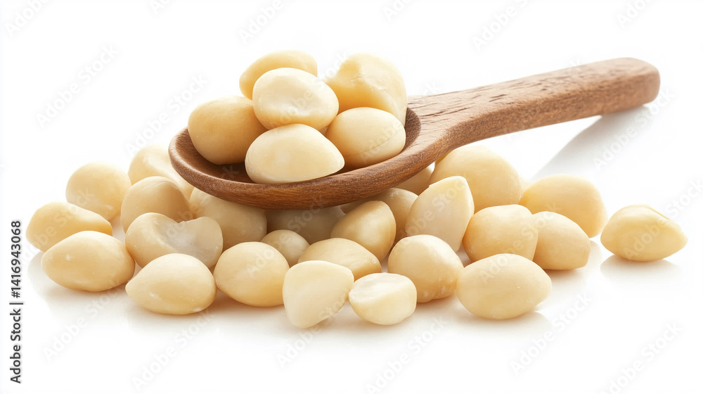 Macadamia Nuts with Wooden Spoon on White Background Macadamia Nuts with Wooden Spoon on White Background