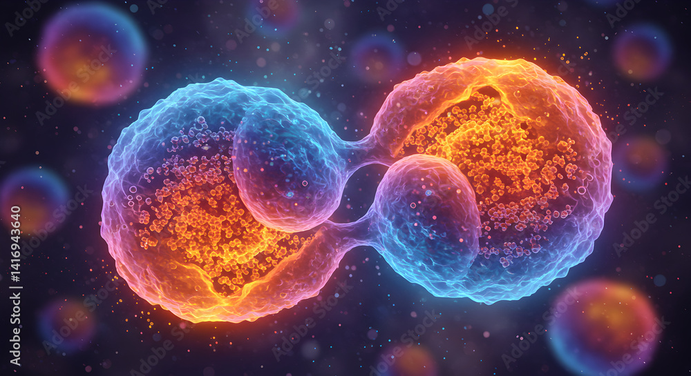 Fototapeta premium Glowing Microscopic Cell Division in Blue and Orange Biology and Scientific Research