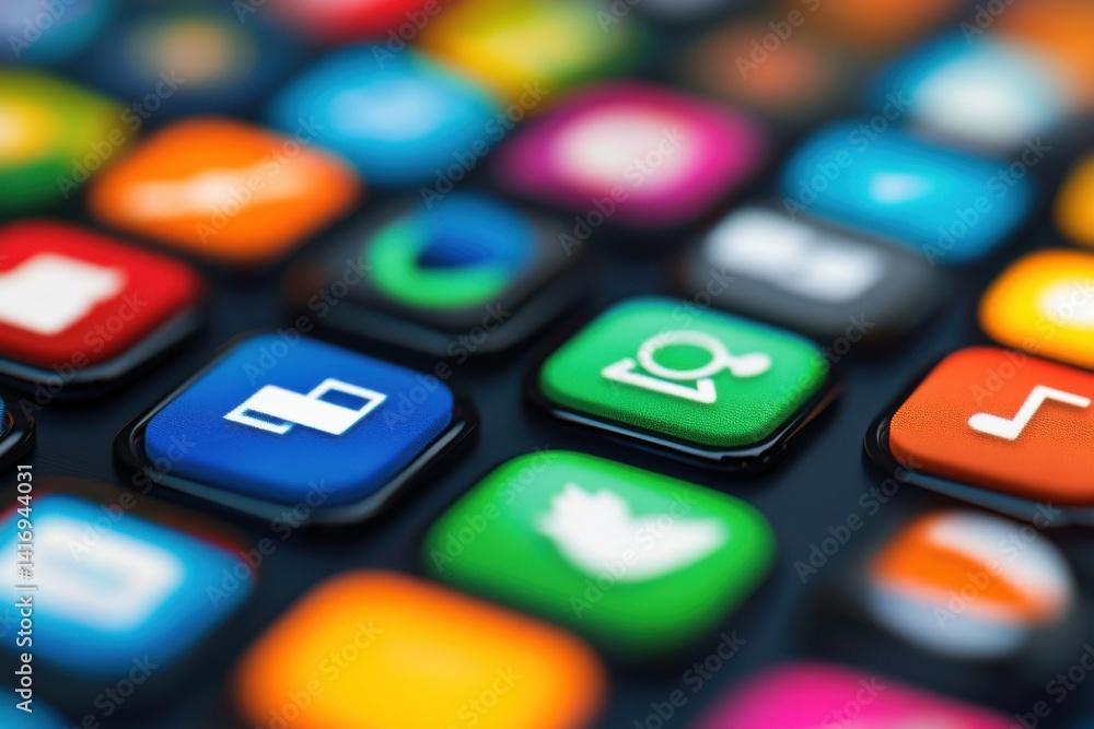 Colorful smartphone app icons arranged on a dark surface highlighting modern digital technology Colorful smartphone app icons arranged on a dark surface highlighting modern digital technology