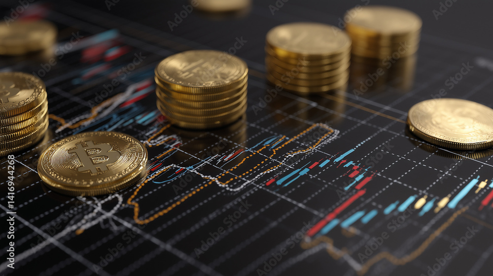 Business and financial stock market, Economic graph with diagrams, bitcoin and cryptocurrency, Futures, Business investment and stock trading on dark background - Generated by Generative A Business and financial stock market, Economic graph with diagrams, bitcoin and cryptocurrency, Futures, Business investment and stock trading on dark background - Generated by Generative A