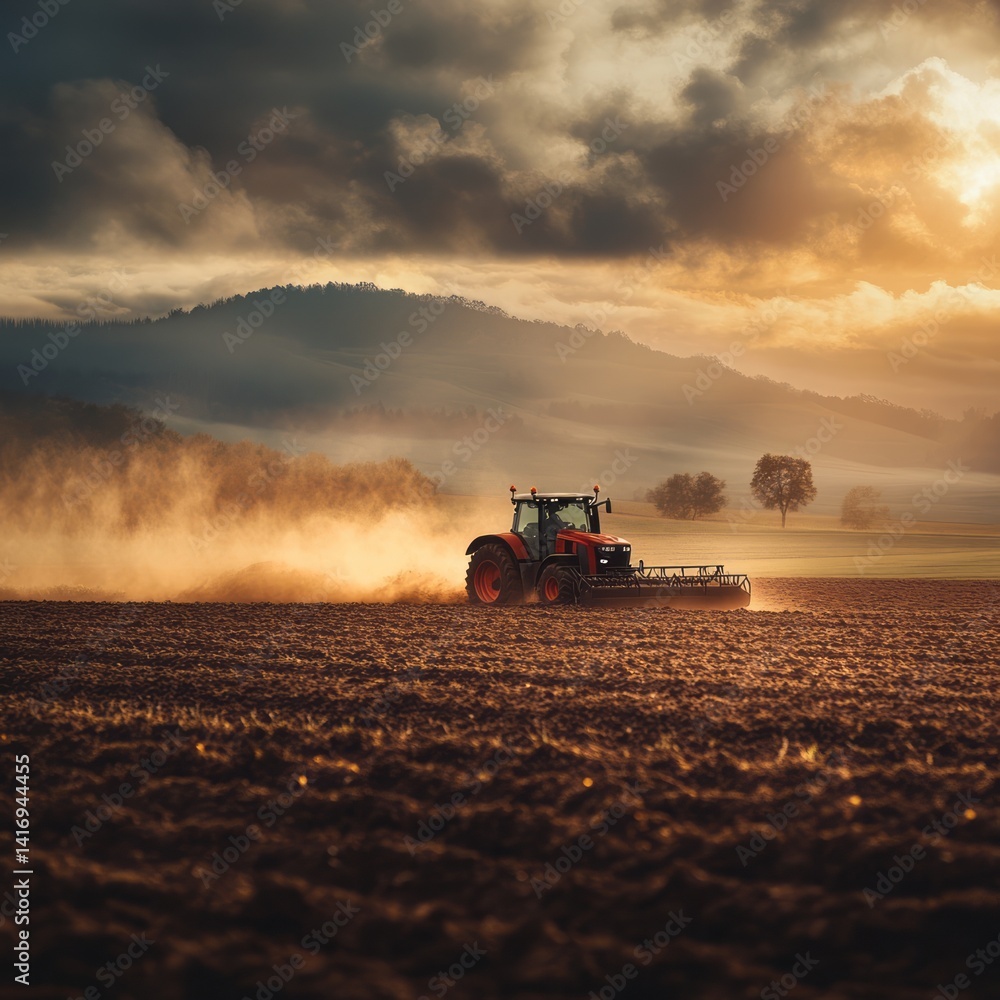 Fototapeta premium Tractor ploughs a field during a hazy atmospheric golden sunset