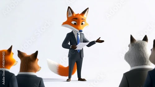 Animated Fox Character Delivers Business Presentation to an Animal Audience on White Background