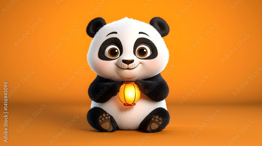 Naklejka premium Adorable Fluffy Cartoon Panda Holding Glowing Orb on Orange Background