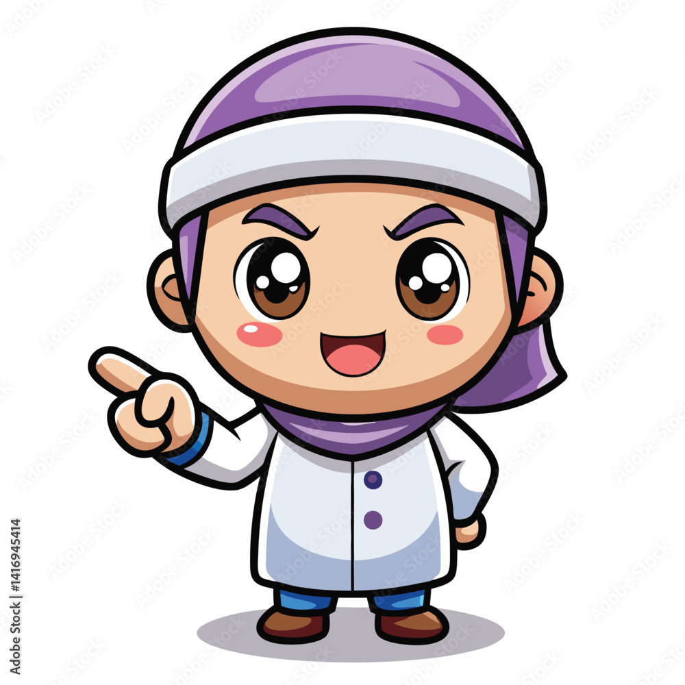 Cute cartoon girl in a lab coat pointing Cute cartoon girl in a lab coat pointing