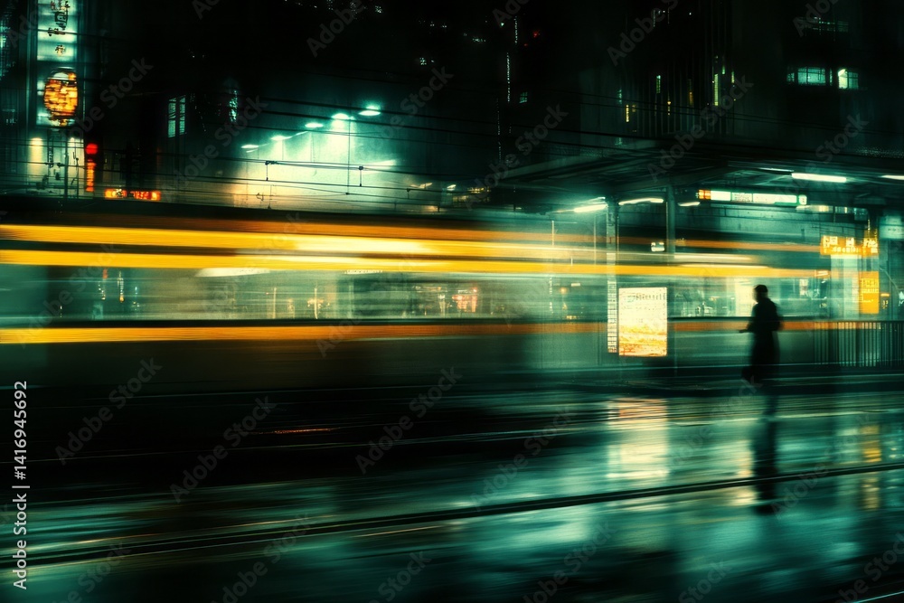 Blurred city lights and a moving train create a modernscape Blurred city lights and a moving train create a modernscape