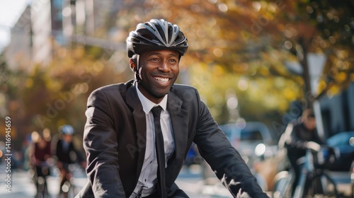 Enthusiastic african american businessman commuting to work by bicycle