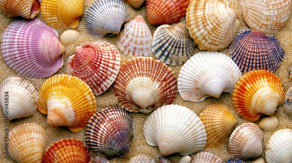 Collection of various colorful seashells on sand, close up view, vacation concept Collection of various colorful seashells on sand, close up view, vacation concept