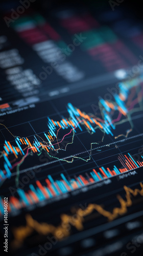 Business and financial stock market, Economic graph with diagrams, bitcoin and cryptocurrency, Futures, Business investment and stock trading on dark background - Generated by Generative A