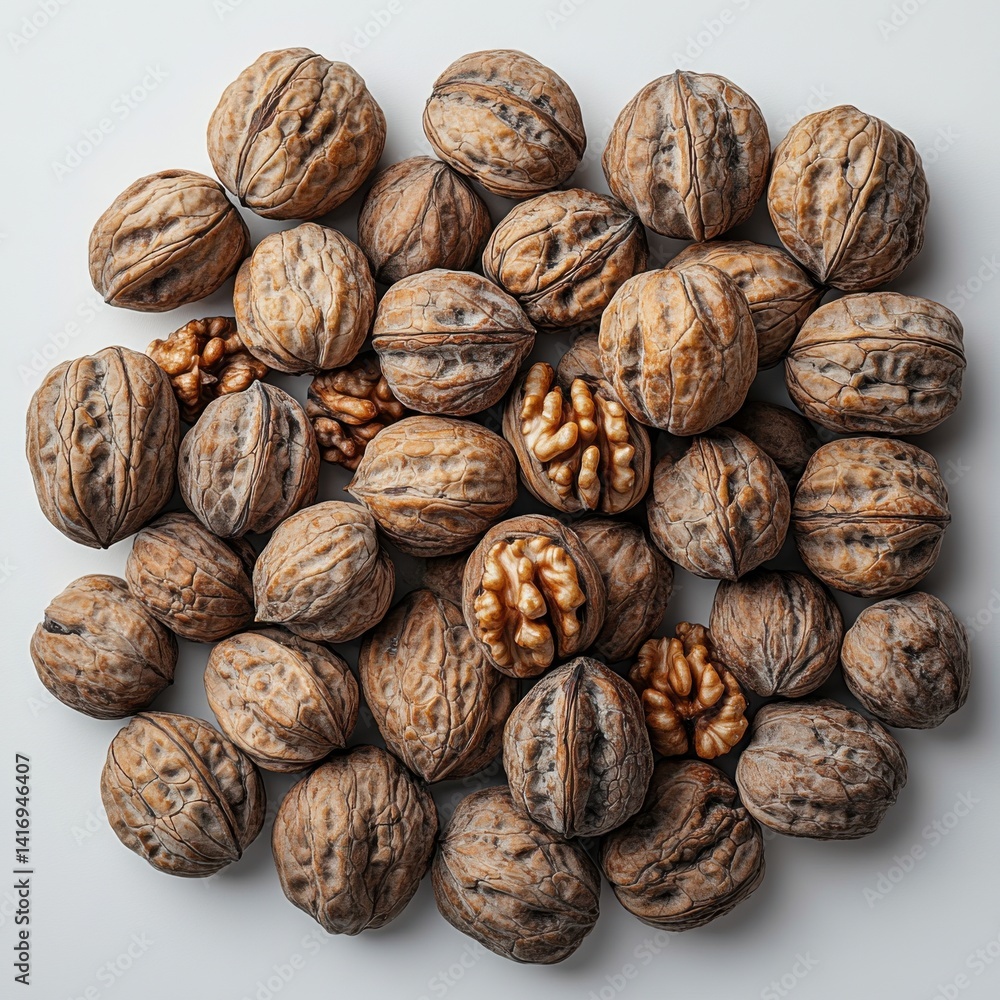A collection of walnuts, some whole and some cracked open, arranged in a circular pattern on a white background. A collection of walnuts, some whole and some cracked open, arranged in a circular pattern on a white background.