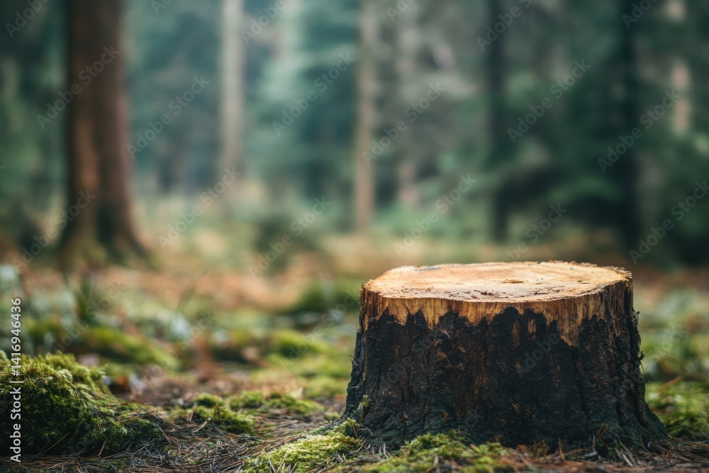 Fototapeta premium Tree stump in lush forest clearing with moss and tall trees