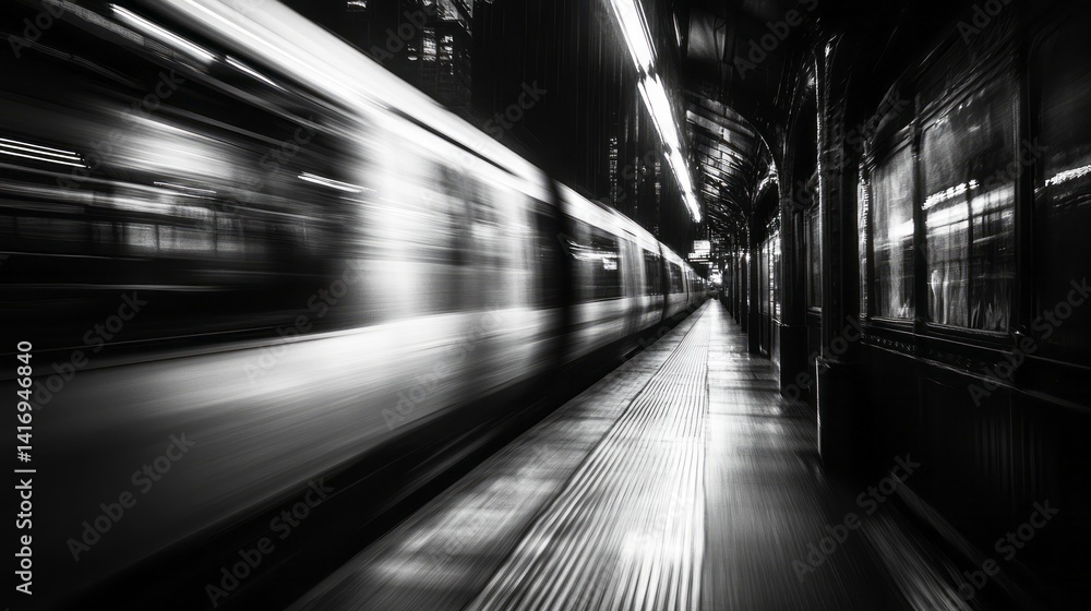 Subway train rushing through the station in monochrome tones Subway train rushing through the station in monochrome tones