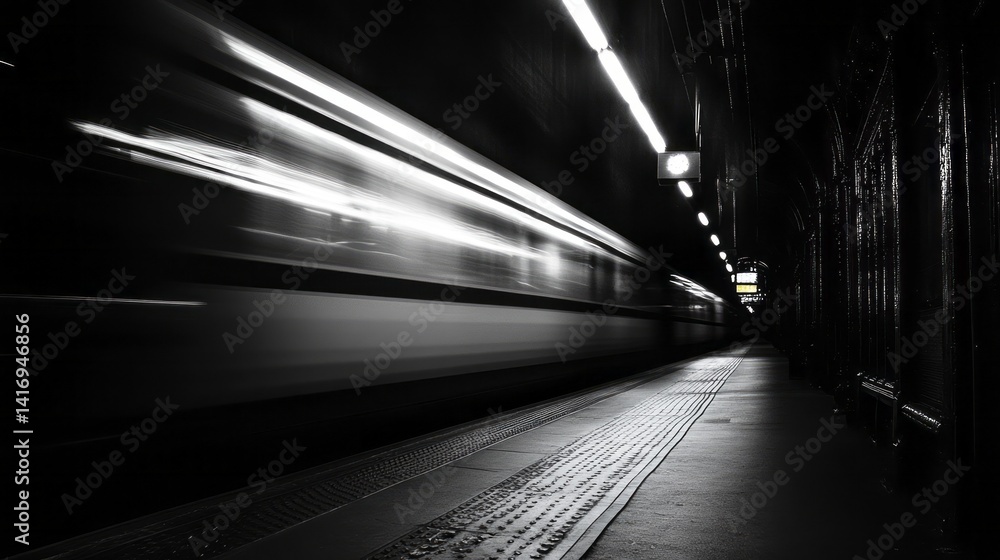 Fototapeta premium Blurry train speeds through dark subway station showing motion