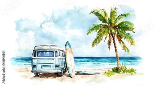 Relaxed tropical journey watercolor van surfboard palm trees summer vibe ocean beach freedom picture