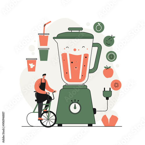 Man pedaling stationary bike to power large green blender filled with fruit smoothie ingredients in minimalist style