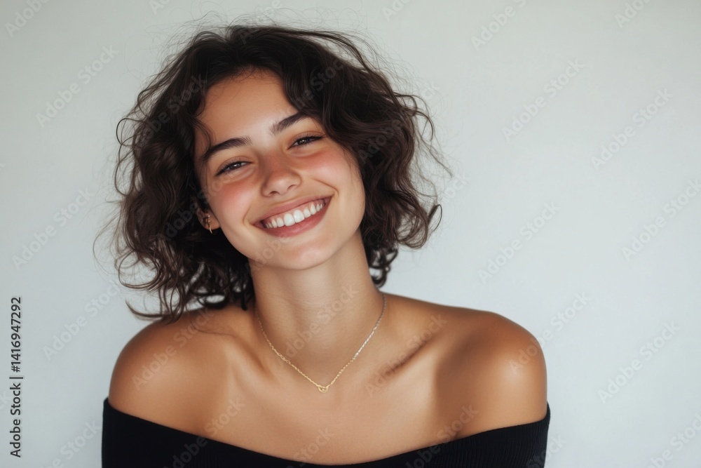 Obraz premium Smiling young woman with curly hair poses against a neutral background, radiating joy in a simple yet captivating portrait